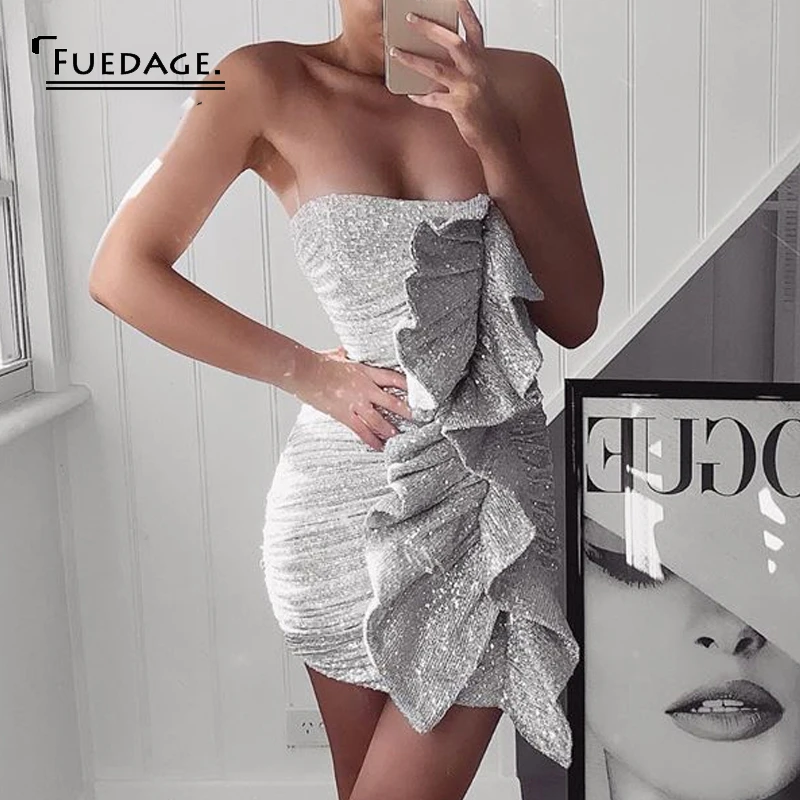 

Fuedage 2019 Women Silver Sequined Sexy Dress Strapless Mini Bodycon Dresses Ruffles Ruched Sleeveless Robe Backless Vestidos