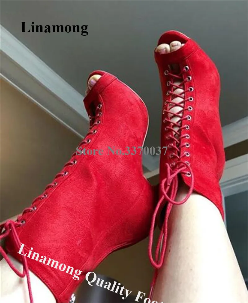 

Linamong Peep Toe Red Stiletto Heel Short Gladiator Boots Lace-up Suede Leather Cut-out High Heel Ankle Booties Dress Heels