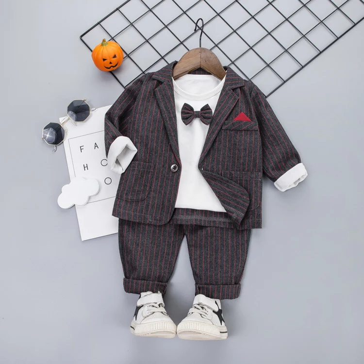 Весенние комплекты одежды для маленьких мальчиков, детская одежда пиджак джентльмена комплект из 3 предметов для новорожденных мальчиков, комплекты одежды в полоску на день рождения