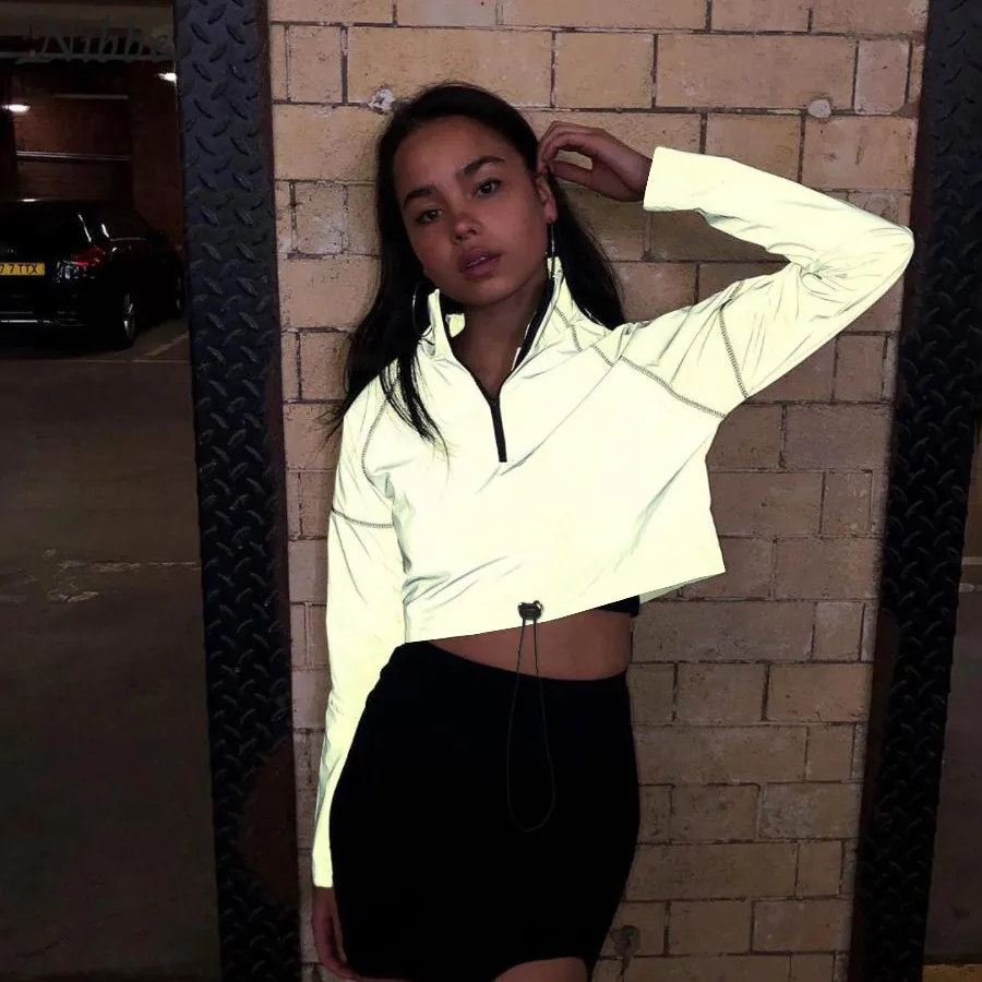 

Nibber autumn fashion Reflective jacket women Thin tops 2019 hot high street club shining crop tops turtleneck Zipper coat mujer