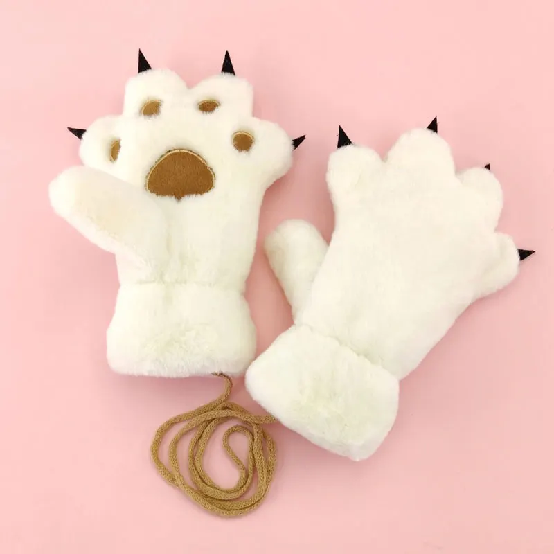 Осенние и зимние Бархатные уличные детские перчатки с рисунком медведя, милые мужские и женские плюшевые теплые перчатки с имитацией кролика