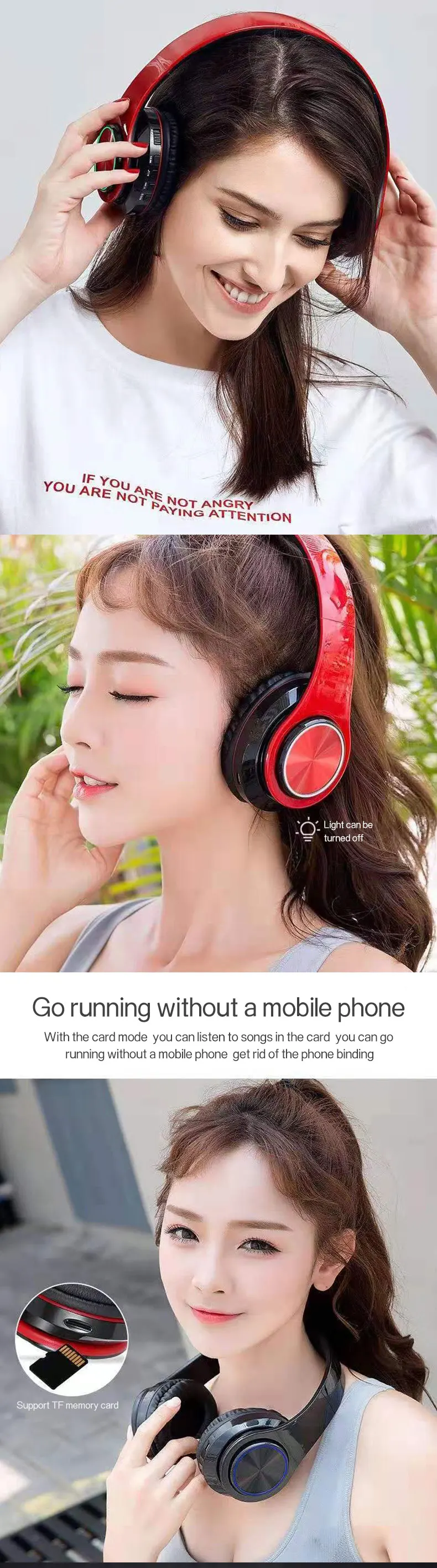 Caridite Hot Sale B3 Bluetooth Headphone Mobile Phone Wireless LED Light Headband Foldable Headset Handsfree Headphone with Mic