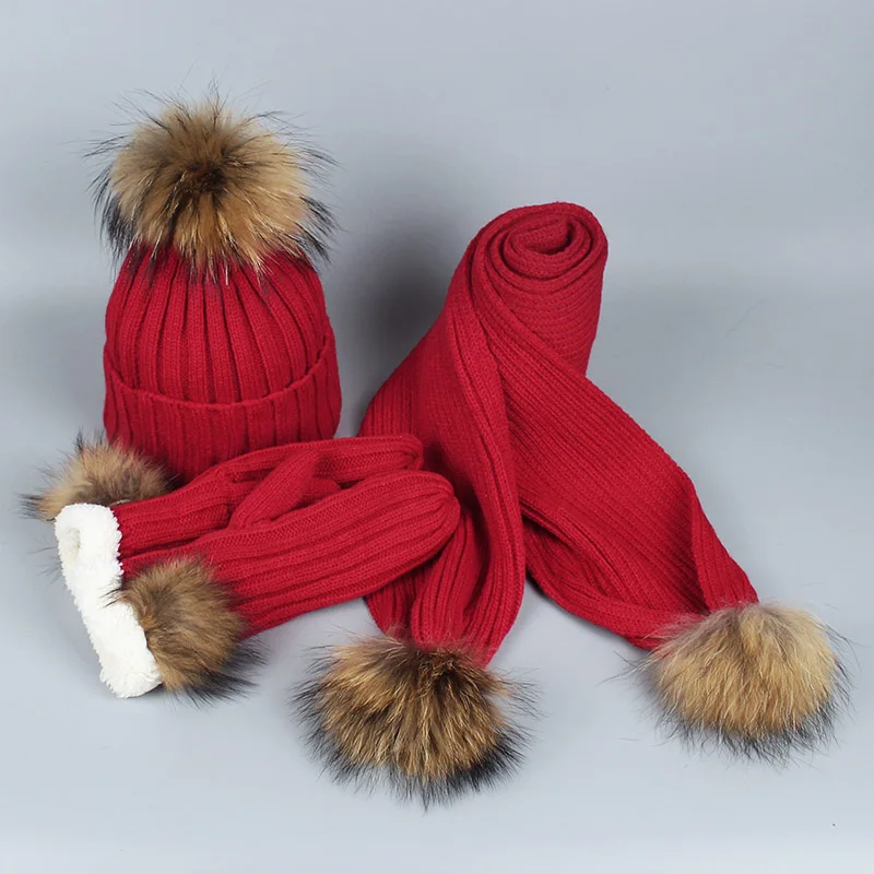 Трехсекционный комплект для женщин из натурального меха с помпоном Skullies Beanies шапка шарф и перчатки вязаная осенняя и зимняя теплая шапка с подкладкой