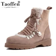 Taoffen/Лидер продаж; женские повседневные ботильоны из натуральной кожи; повседневные зимние ботинки на меху с круглым носком на плоской подошве; удобная обувь; Размеры 33-42