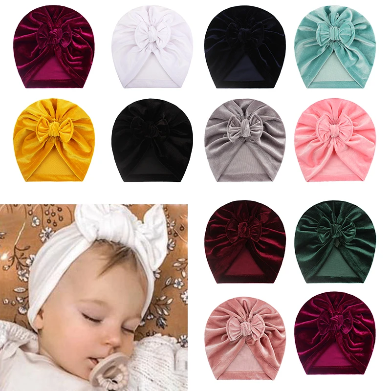 Solid Baby Cotton Beanies Cute Bear Ear Bowknot Turban Hats Sweet Soft 0-4T Elastic Caps For Newborn Baby Boy Girls Headwraps