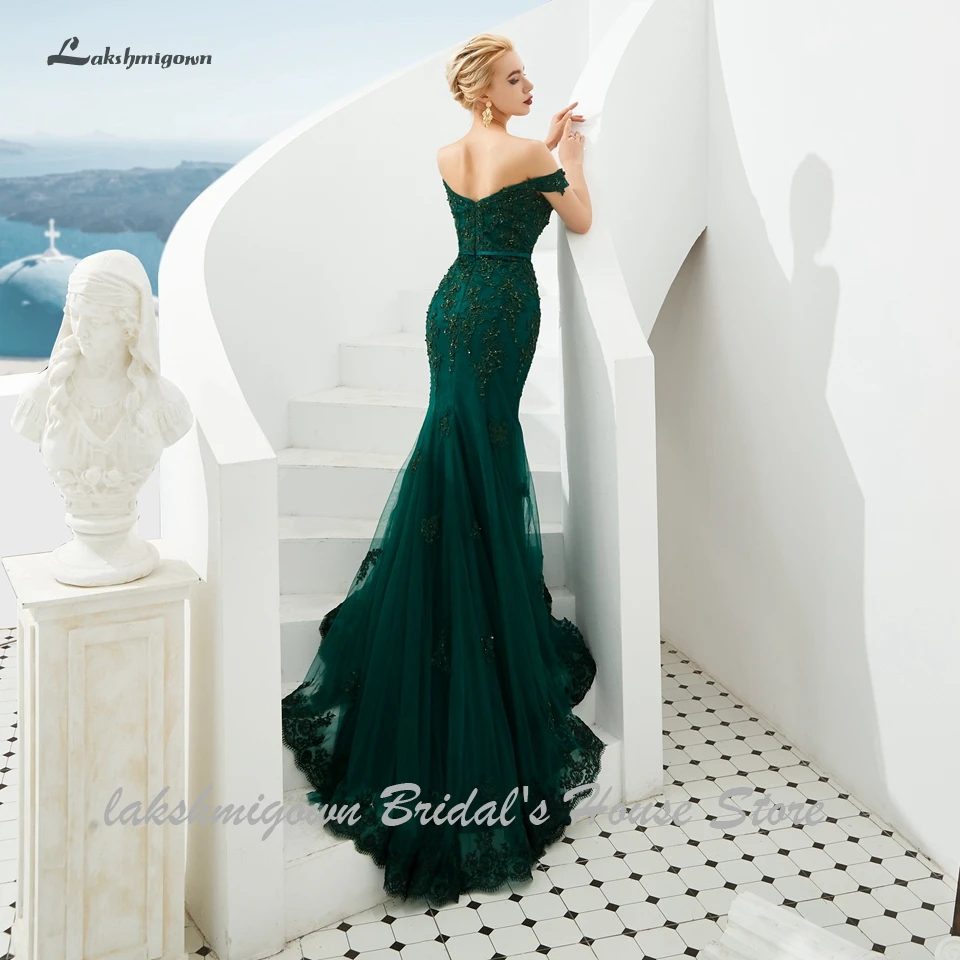 Lakshmigown изумрудная зеленая Русалка вечернее платье для женщин Vestito Lungo сексуальное Бисероплетение Длинные Выпускные вечерние платья, аппликации из кружева