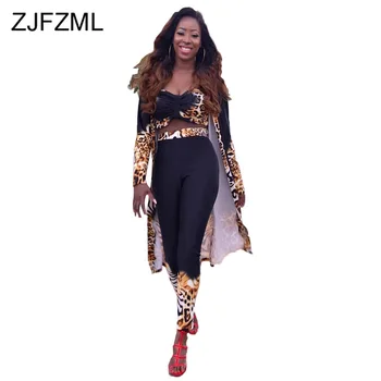 

Tiger Printing Sexy 3 Piece Set Women Outfits Strapless Bra Top + Full Sleeve Long Cardigan + Pencil Pants Vintage Sweat Suits