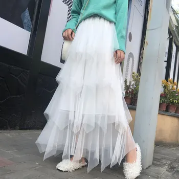 

Women irregular Tulle Skirts Fashion Elastic High Waist Mesh Tutu Skirt Pleated Long Skirts Midi Skirt Saias Faldas Jupe Femmle