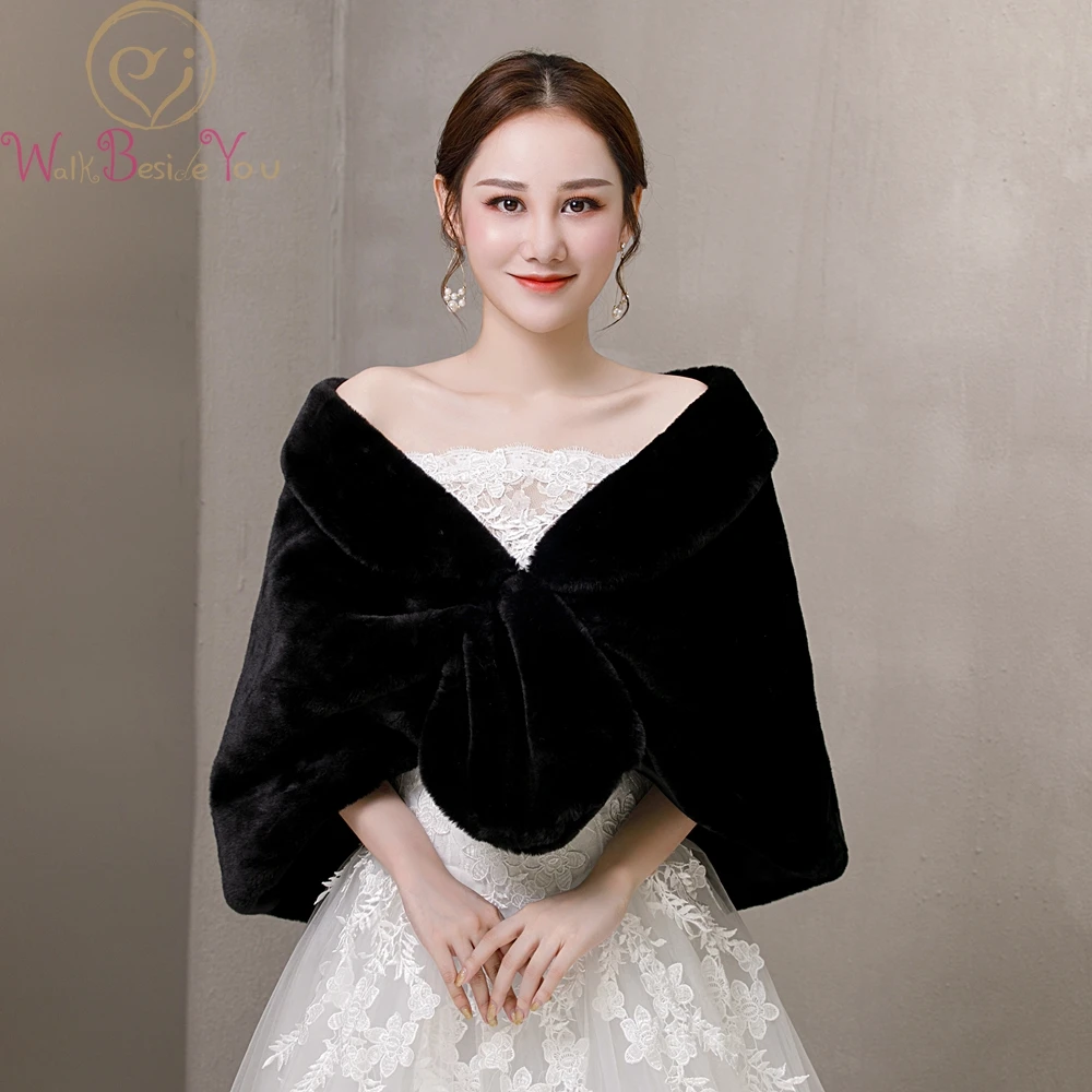 

Walk Beside You Black Shrugs for Women Faux Fur Wrap with Collar Wedding Bolero Bridal Cape Stock Winter Warm Jacket