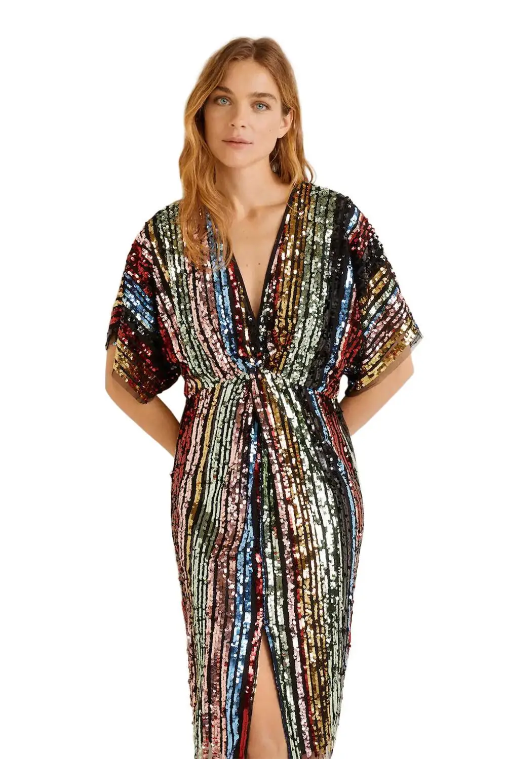 Multicolor Sequin Sexy Deep V Neck Tunic Dress Women Half Sleeve Split Knee Length Party Night Club Color Block Dresses S-XL