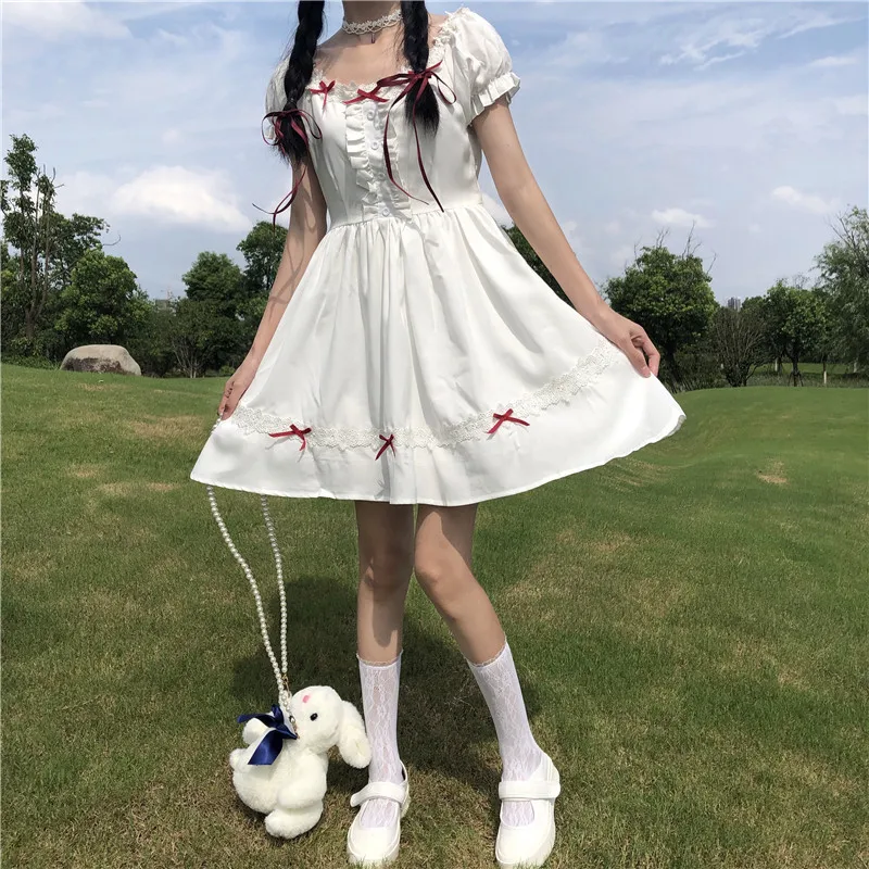 Japanese Summer Soft Girl College Style Dress Sweet Lace Square Collar Bow Kawaii Puff Sleeve Dress White Girly Fluffy Dresses
