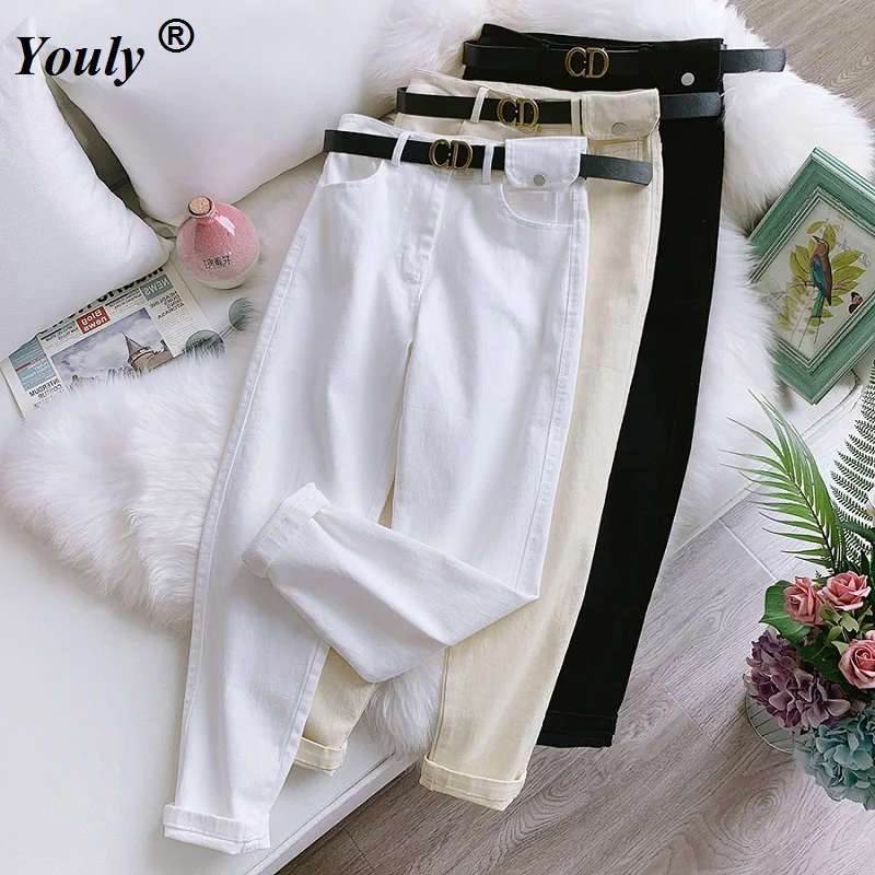 2021 Spring White Jeans Women Casual Loose Harem Trousers With Belt High Street Women Boyfriend Denim Trousers cross pants street style denim loose harem pants men s jeans feet hip hop jeans skateboard men jeans size 28 40