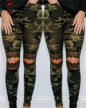 

Women Summer Camouflage Print Long Trousers Patchwork Design Lace Decor See Through Elastic High Waist Slim Hips Pencil Pants