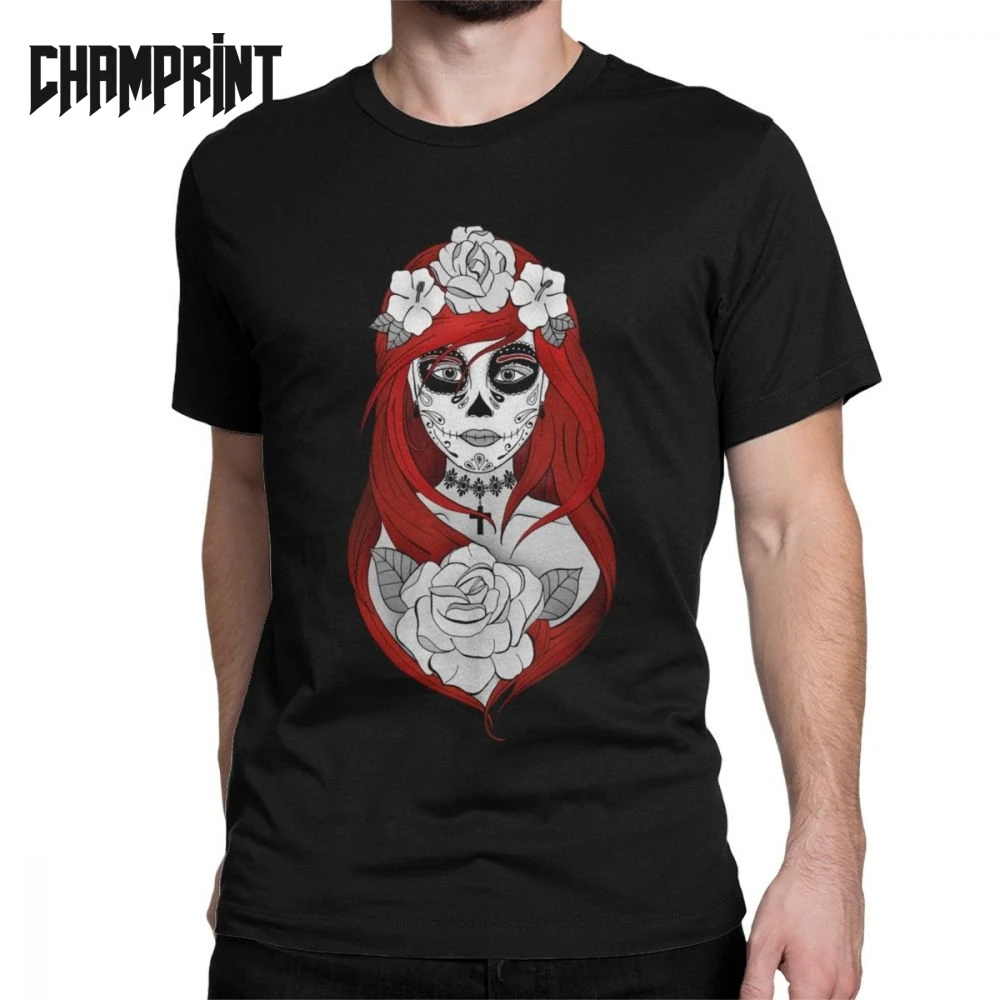 Santa Muerte Red Hair Men's T Shirts Saint Death Goth Mexican Muertos Mother Tee Short Sleeve T-Shirts 100% Cotton Tops |