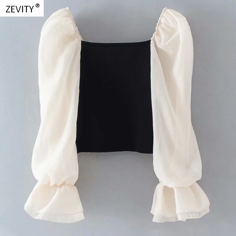 Новинка, женская элегантная блузка из органзы с пышными рукавами, Лоскутная трикотажная Повседневная Блузка, Женская шикарная рубашка с квадратным воротником, топы LS6464|Блузки и рубашки|   | АлиЭкспресс - Мода на Али