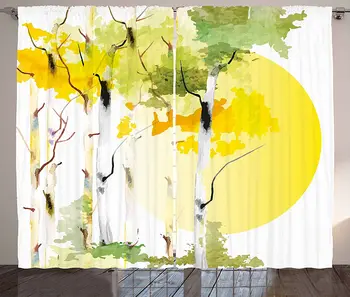 

Nature Curtains Birch Tree Forest Bushes Watercolors with Big Sun Natural Artwork Living Room Bedroom Window Drapes Yellow