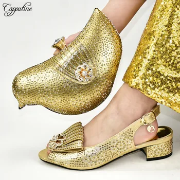 

Latest Gold Medium Heel Pumps And Bag Fashion Shoes With Handbag Set With Rhinestones 111-2 Heel Height 4.5CM