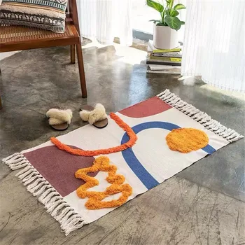 

Nordic Colorful Tufted Carpet Tassel Handmade Knitted Carpet And Water Cotton Absorption Rugs Linen Handwoven Bathroom Mat
