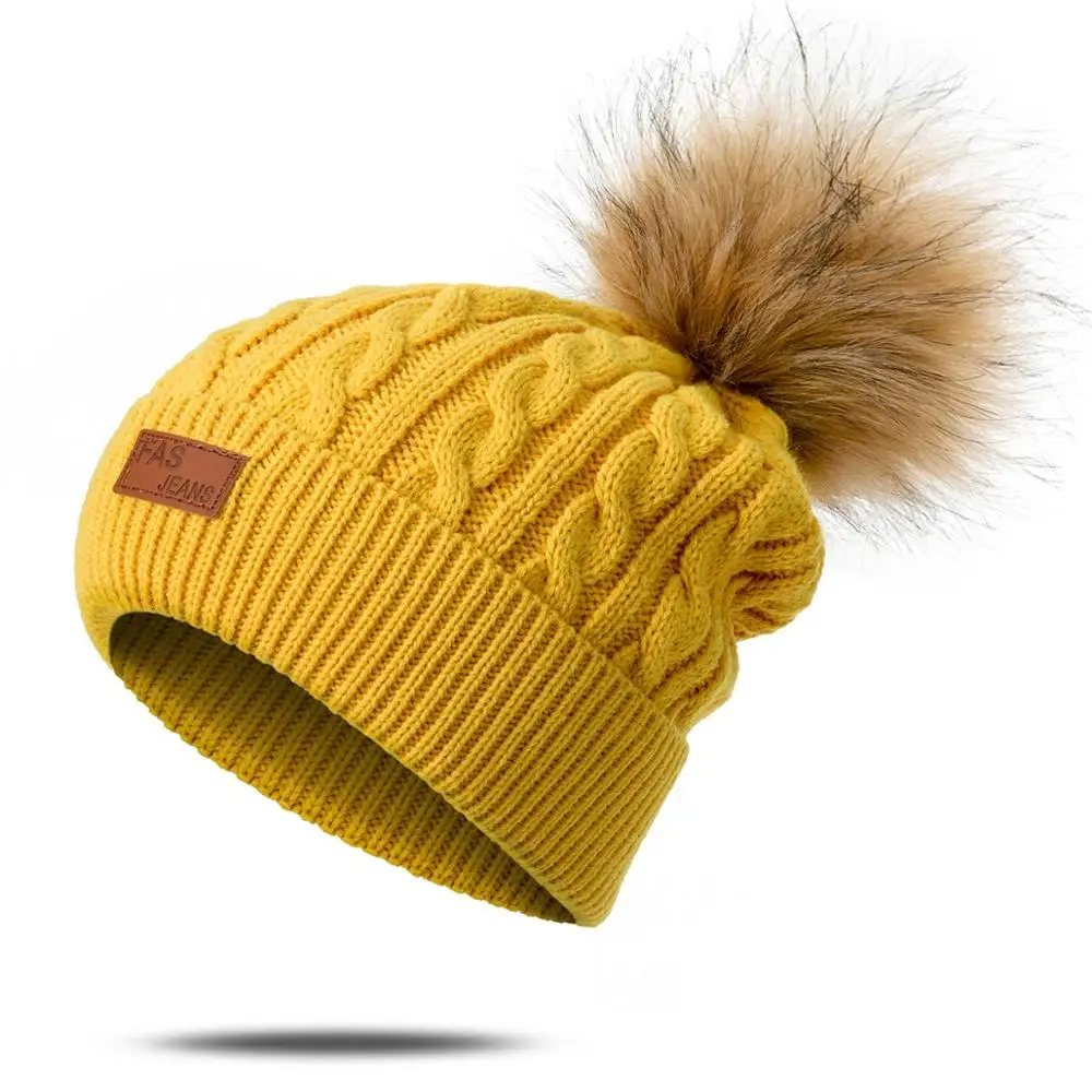 Yellow SuperB&G, модная женская зимняя шапка для детей, помпоны, теплые вязанные шляпы, одноцветная удобная мягкая шапка для девочек, аксессуары - Цвет: Yellow