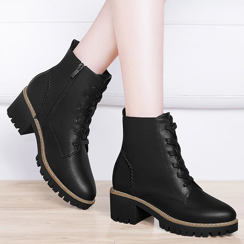 

Centennial 2019 Autumn And Winter Side Zipper Women's Boots Square Heel Fashion Lace-up Short Boots Waterproof Platform WOMEN'S