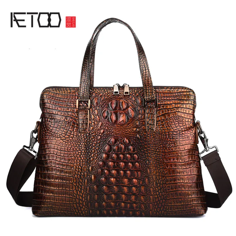 

BJYL New first layer cowhide crocodile men's business briefcase handbag men's bag retro men's bag