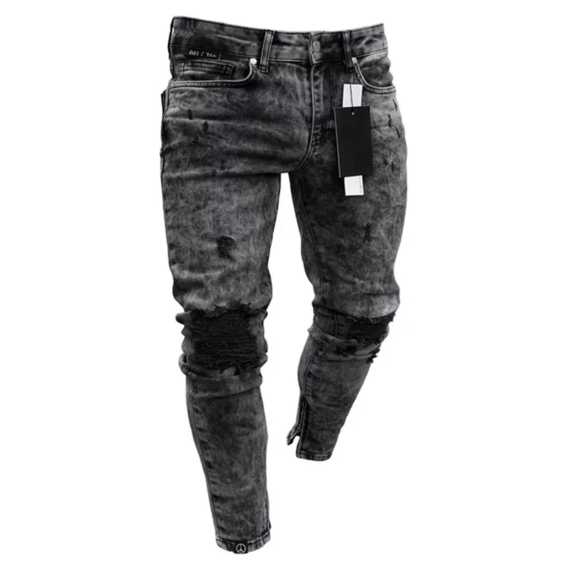 Мужская одежда с дырками в стиле хип-хоп спортивные штаны обтягивающие джинсовые мотоциклетные брюки дизайнерские черные джинсы на молнии мужские повседневные брюки