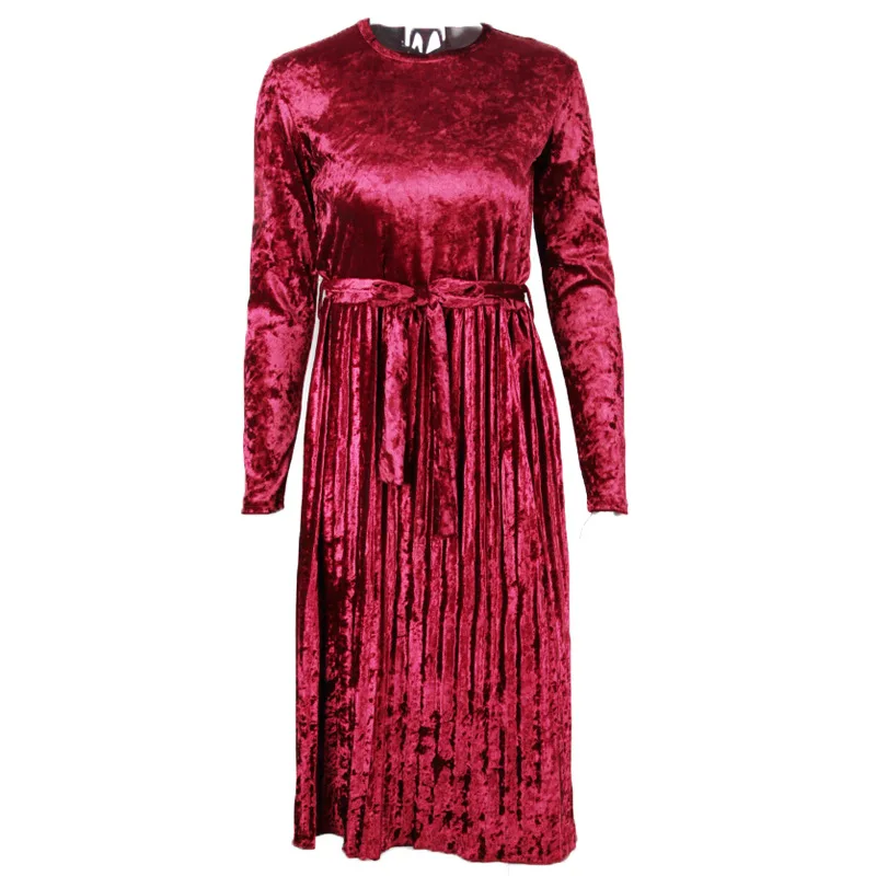 Solid color round neck high waist velvet Pleated dress 5