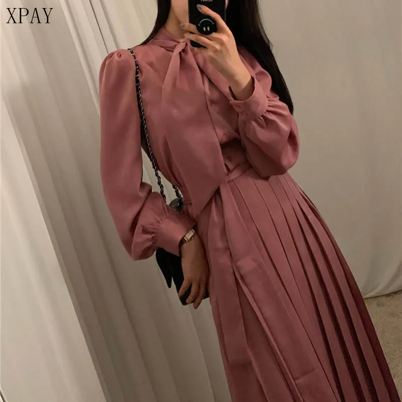 

2020 Spring Bow-Neck Lace-Up Women Dress Summer Vintage Slim Waist Pleated Dress Elegant Female A-Line Vestidos Femme Vestidos
