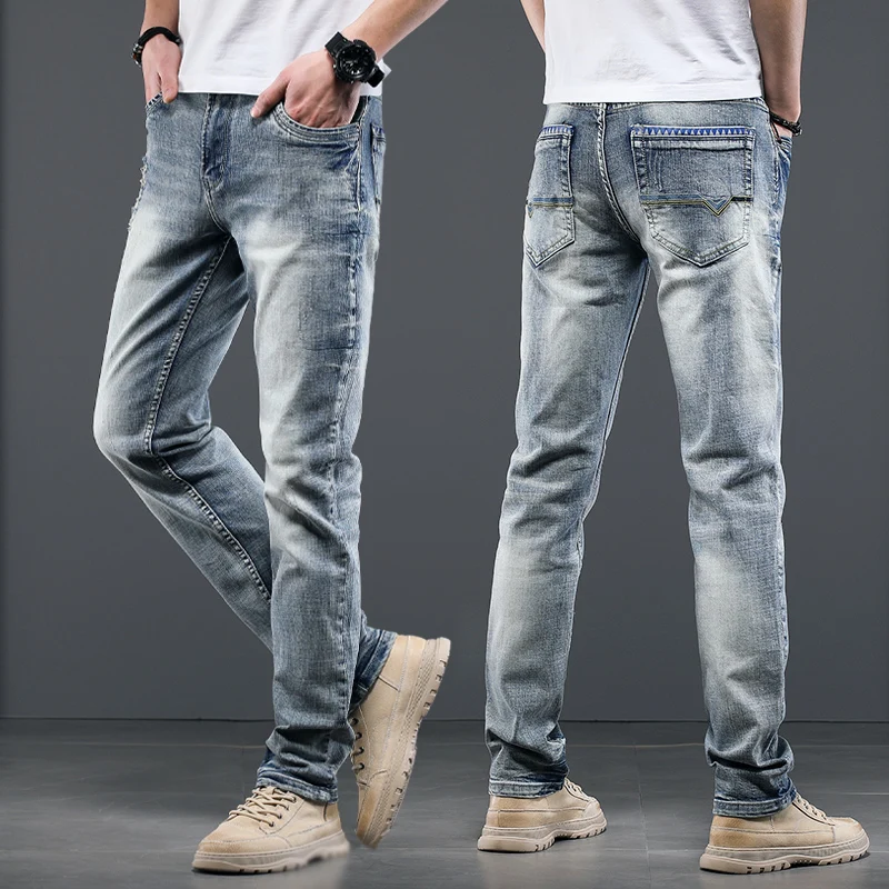 Summer Mens Light Blue Vintage Ripped Jeans Men Cotton Regular Straight Denim Pants Retro Distressed Jean Trousers