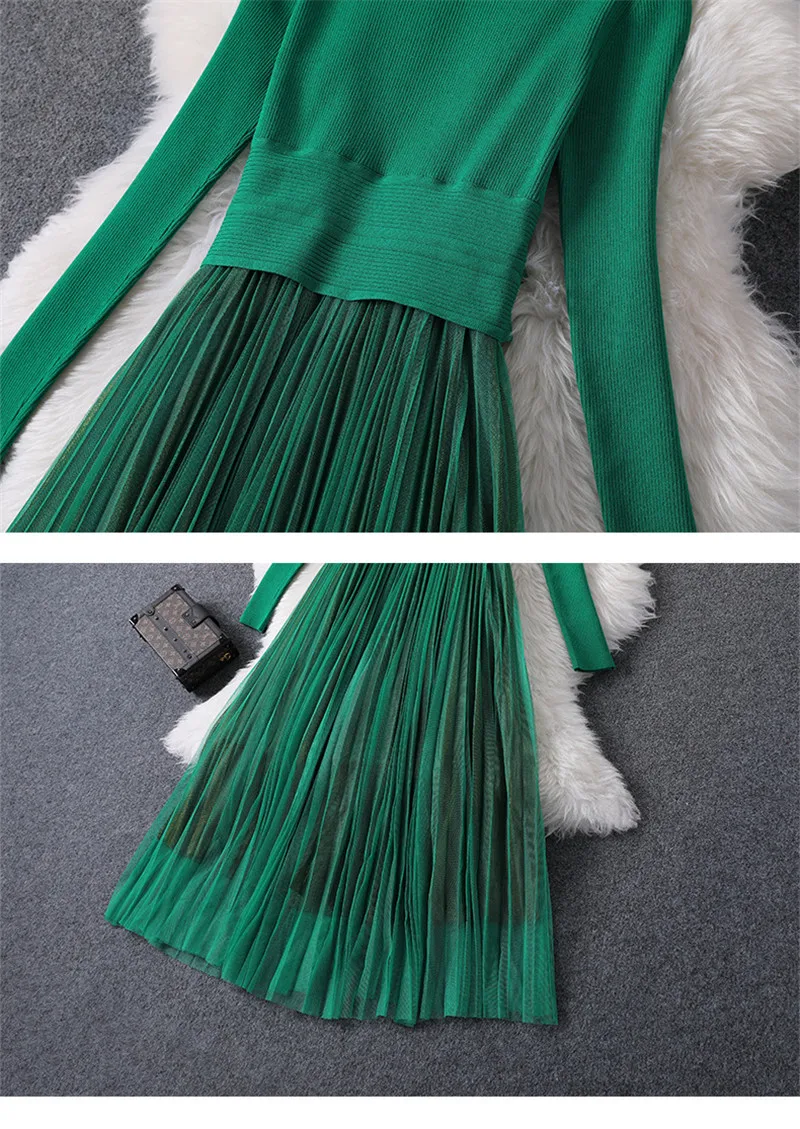 Подиум мода дизайнер осень зима платья для женщин элегантный длинный рукав вязаный свитер лоскутное Империя миди Плиссированное Тюлевое платье