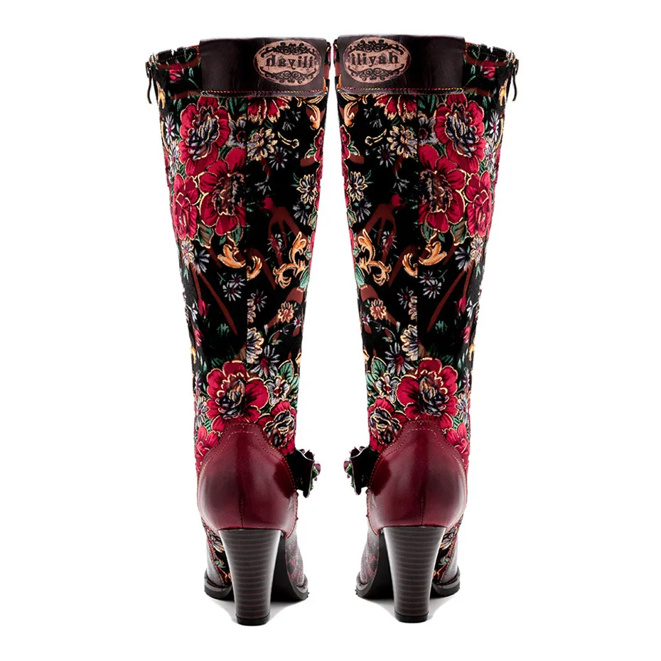 Autumn Winter Distressed Retro Women Riding Boots Three-Dimensional Flower Warmth Women High Heels Knee-High Zipper Boots Shoes (6)