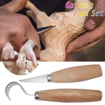 

2Pcs/Set Stainless Steel Wood Carving Cutter Woodwork Sculptural DIY Wood Handle Spoon Hook Carving Knife Woodcut Art Craft Tool
