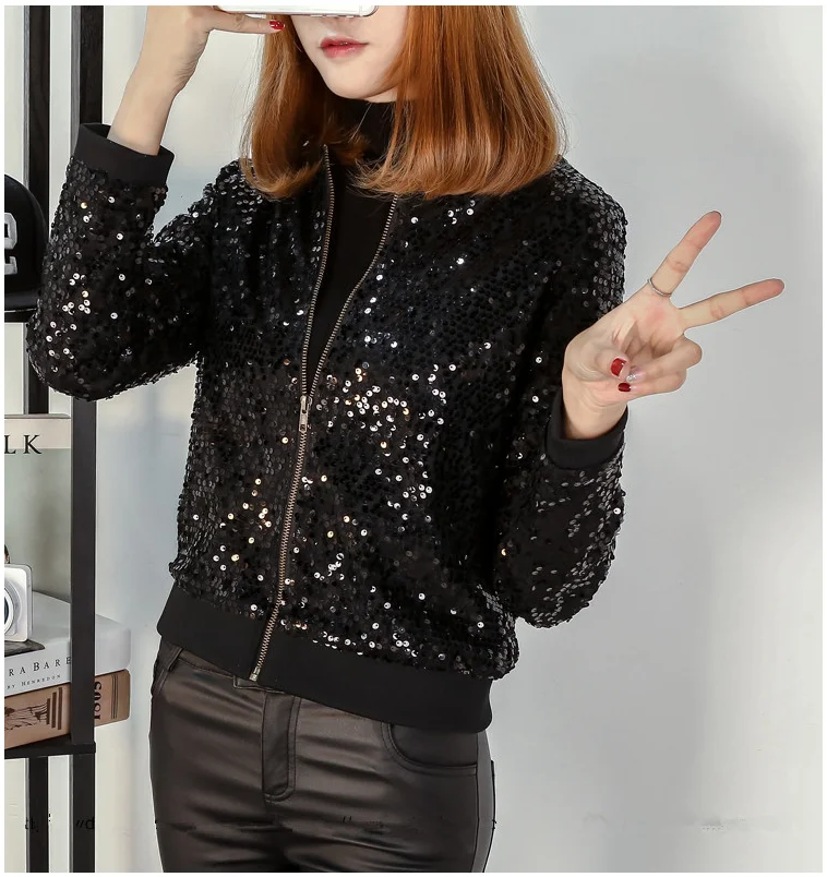 black with velvet M-6XL, весенние куртки с пайетками, женская одежда больших размеров, Женское пальто, осенняя повседневная куртка-бомбер, feminina - Цвет: black with velvet