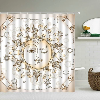 

3d Waterproof Shower Curtain European Retro Sun Star Moon Face Bathroom Curtain With Hooks Decorative 180 * 200 Polyester Screen