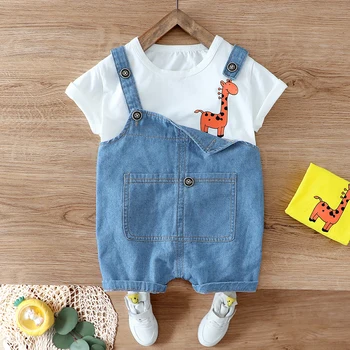 

Baby Girl Boy Clothes Set Summer Cartoon T Shirt + Belt Jeans Bib Pants 2PCS High Quality Baby Boys Clothing 1 2 3 4 Years