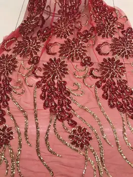 

embroiderd lace fabric Sat-9.8904 with sequins beautiful Nigerian sequins lace fabric for party dress