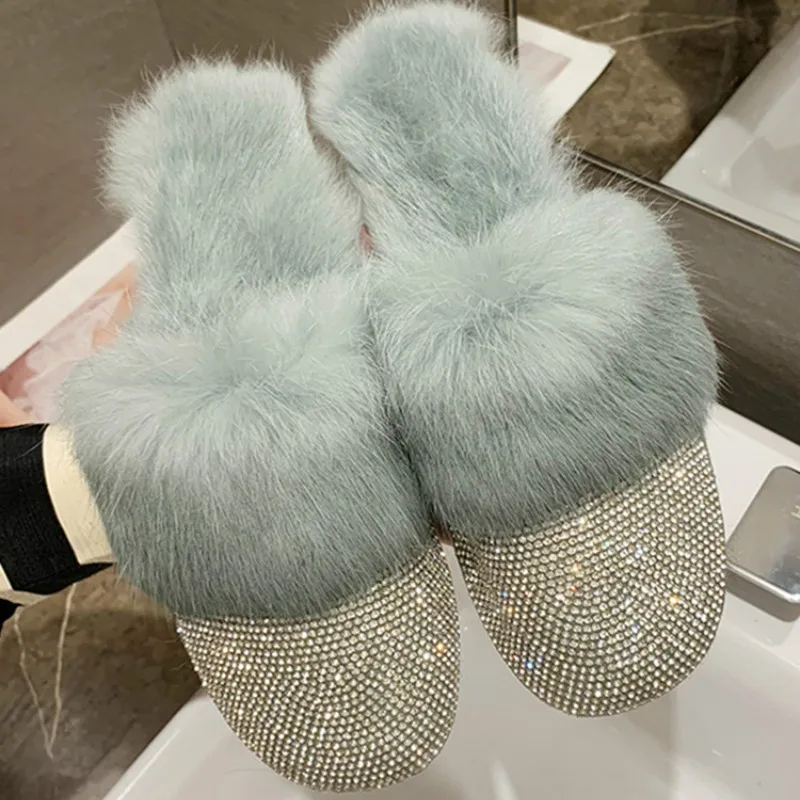 

Designer Rabbit Fur Women Mules Slippers Luxury Bling Glitter Crystal Rhinestone Furry Flip Flops Slip on Flats Shoes P449