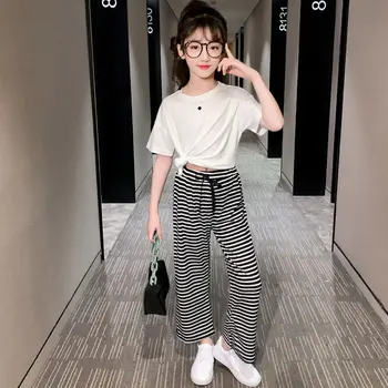 

2020 Fashion White and Black Striped Wide Leg Pants+Short Sleeve Tshirt Clothing Set for Girls Summer Casual Children Sport Suit