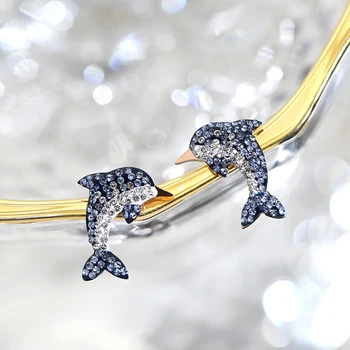 

YUN RUO Pave Mosaic Crystal Dauphin Stud Earring Rose Gold Color 316 L Stainless Steel Fashion Jewelry woman Gift hypoallergenic