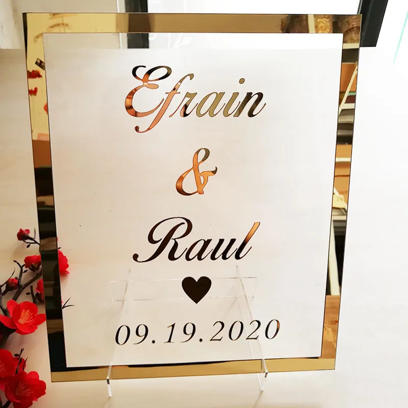 Bride Groom Name Mirror Frame Wedding Signage Personalized Transperant Acrylic Sign Plate with Nail Party Decor Favors