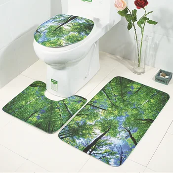 

Green Plants Toilet Mats 3 Pieces Non-slip Floor Carpet For Bathroom WC Rugs Covers Set 26 Colors Creative Printing Foot Pad Mat