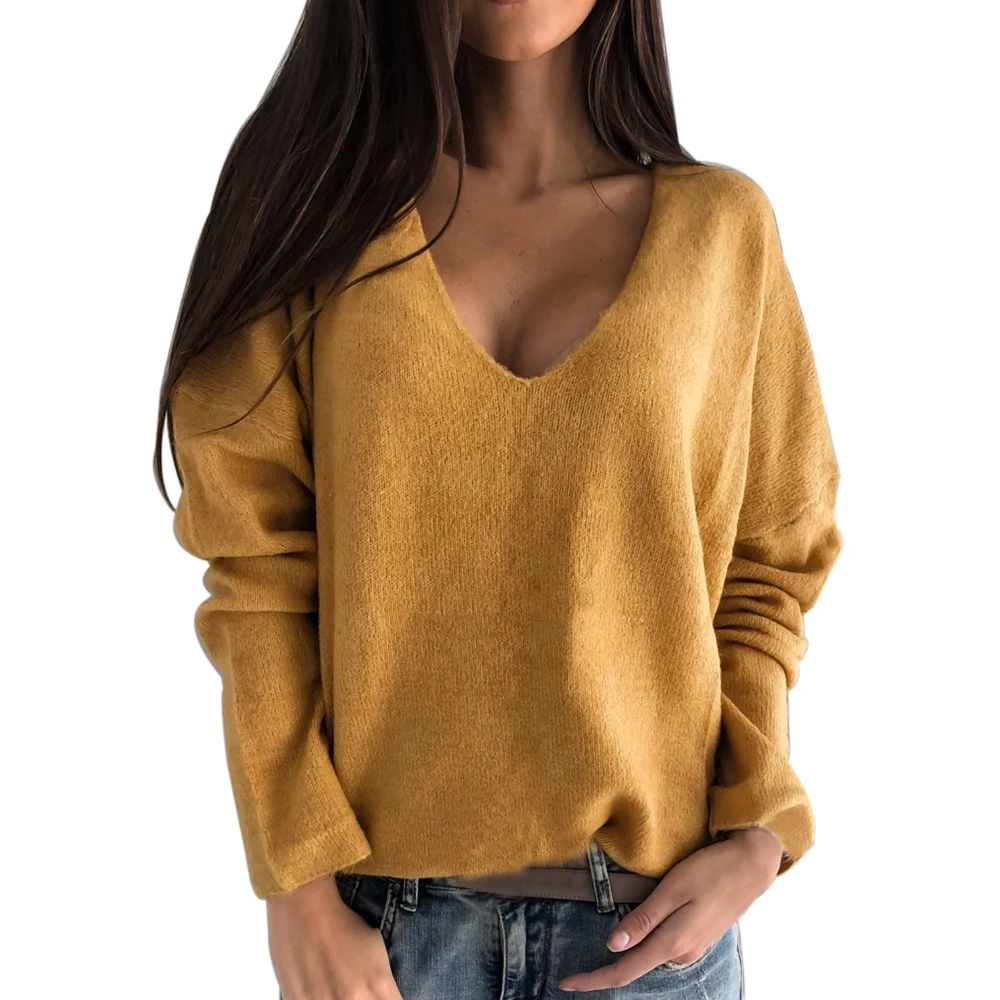 yellow NIBESSER 2XL, сексуальный вязаный свитер с v-образным вырезом, Женский осенний свитер с длинным рукавом, яркие базовые Топы, свободные женские свитера и пуловеры - Цвет: yellow
