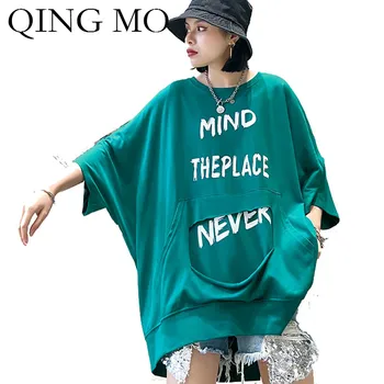 

QING MO Black White Green Orange Yellow Women Letter T Shirt 2020 Women Batwing Sleeve T Shirt Female Mixture T Shirt ZQY3724