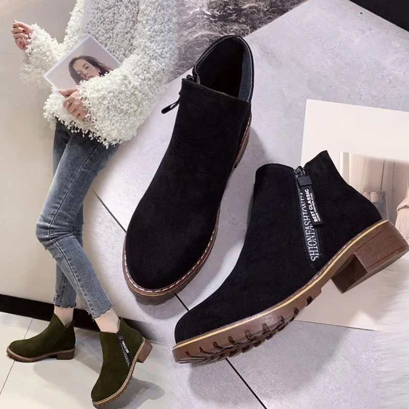 Новинка; 1 пара; женские ботильоны на квадратном каблуке с боковой молнией и круглым носком; Повседневная обувь; S66