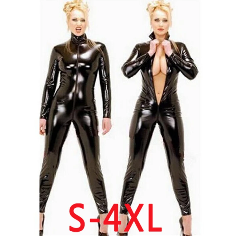 Sexy Hot Women Faux Leather Catsuit PVC Latex Bodysuit Front Zipper Open Crotch Jumpsuits Stretch Bodystocking Erotic Costumes |
