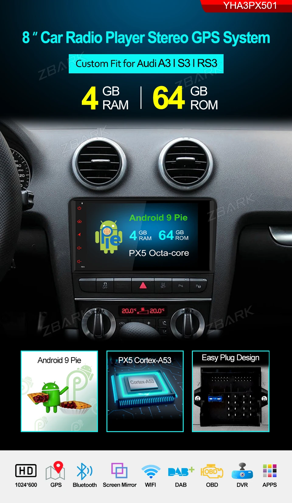 " Android 9,0 ram 4 Гб rom 64 Гб Восьмиядерный Автомобильный плеер радио gps RDS без DVD для Audi A3 2003 2004 2005-2012 S3 RS3 YHA3PX501