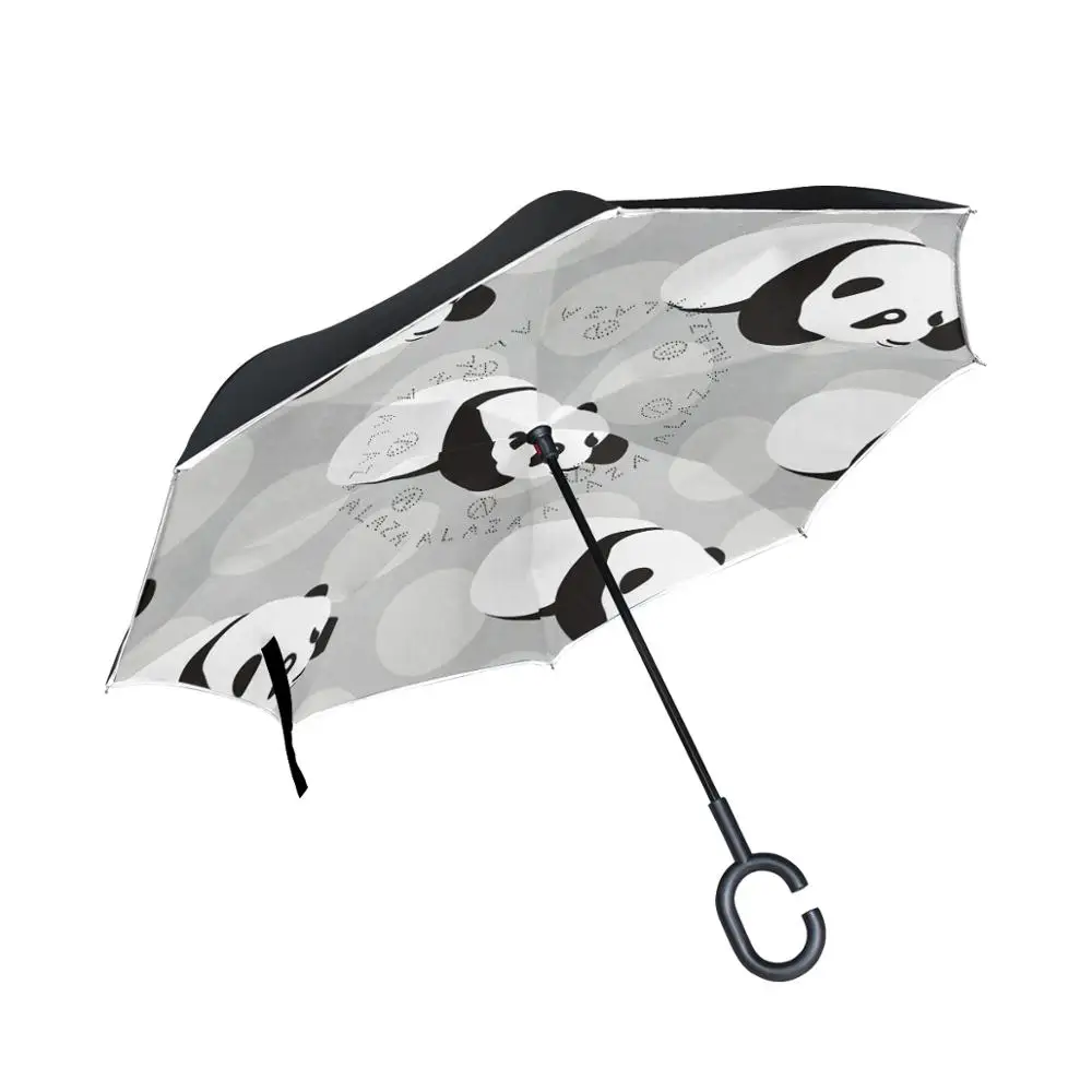 

Susino Five Pandas Car Umbrella For Women Upside Down Stick Umbrella Windproof Black Reverse Umbrella With C-Hook Handle