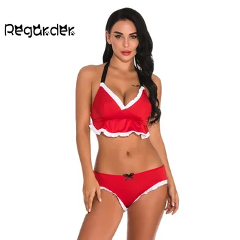 

Christmas Lingerie Set For Women 3/4 Cup Plus Size Bra Sets Bandage Halter Bra Bow Red Breathable Solid colors Underwear Set#p3