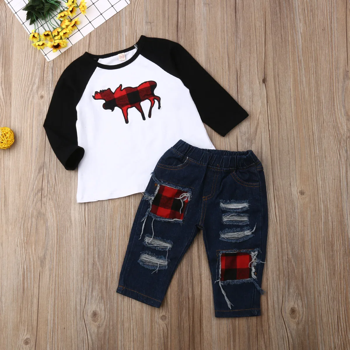Новинка года, Рождественская одежда топы с оленями для новорожденных мальчиков, футболка с длинными рукавами длинные джинсовые штаны с дырками Рождественский комплект одежды