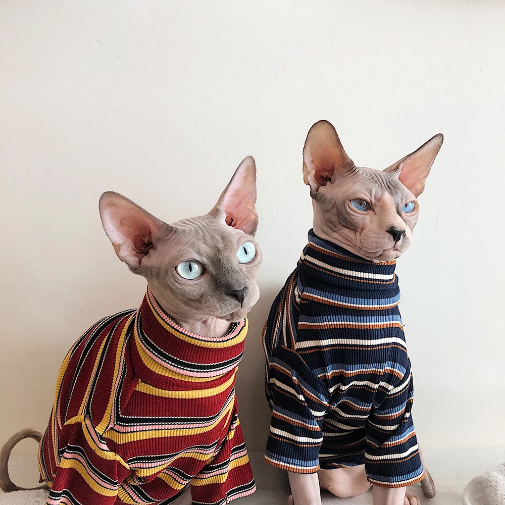 Кошки Одежда для Сфинкс одежда голая кошка одежда полосатый Костюмы теплый вязаный свитер одежда для домашних питомцев; кошки сделано в Китае от XS до XL